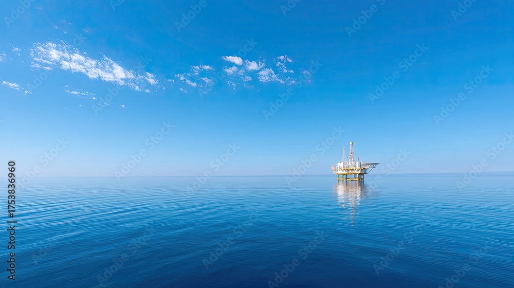 Obraz premium Oil Platform at Sea Under Clear Blue Sky and Calm Water on a Sunny Day with Minimal Waves and Serenity in the Background