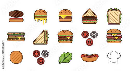 A colorful vector illustration depicting various fast food items, including burgers, sandwiches, hot dogs, tomatoes, lettuce, and a chef's hat.