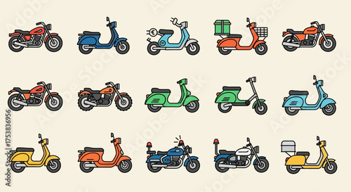 A collection of fifteen stylized cartoon motorcycles and scooters in various colors and designs, arranged in three rows on a light background.