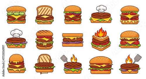 A collection of fifteen stylized cartoon burger illustrations, each with unique toppings and bun variations, arranged in rows.
