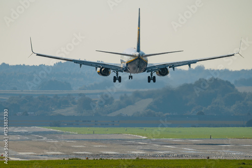 A passenger plane approaching landing at Krakow Balice Airport