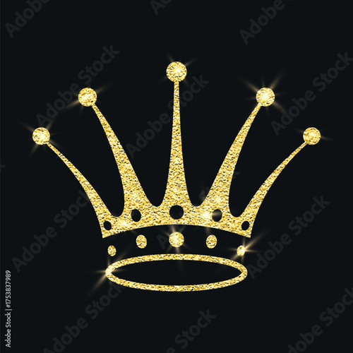 Gold Glitter Crown Royal Tiara Logo, Vector Illustration. Luxury Sparkle Emblem on Black. Gold Glitter Crown Icon for Queen and King. Gold Glitter Crown Clipart, Luxury Tiara Decor, Sparkling Jewel