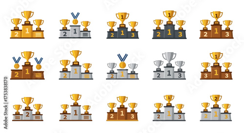 Collection of fifteen podiums with trophies and medals, representing different levels of achievement and success in various competitions.