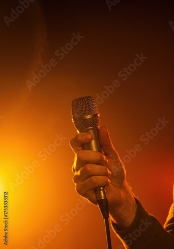 Microphone Focus: An intimate moment, a hand firmly grasps a classic microphone against a backdrop of warm illumination. This image captures the essence of live performance, storytelling.