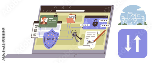 Laptop screen displaying GDPR shield, ID card, folders, lock, key, contract, surrounded by data security elements. Ideal for GDPR, data privacy cybersecurity legal compliance secure access