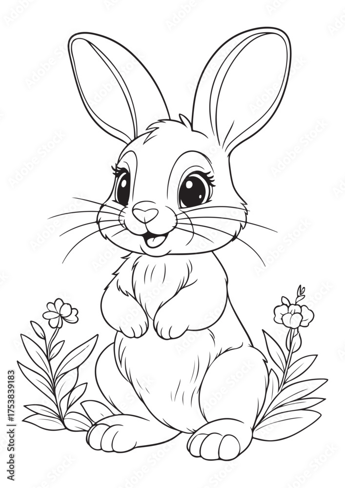 Obraz premium cute bunny holding flower coloring page, educational editable animal illustration iso size print ready vector art