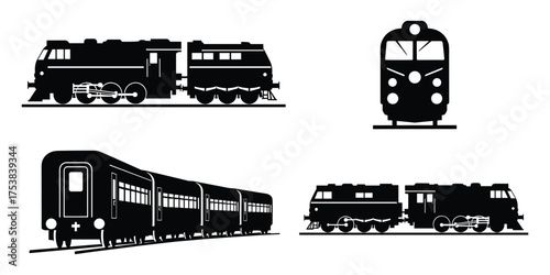 Four Train Silhouettes Set Vector Illustration