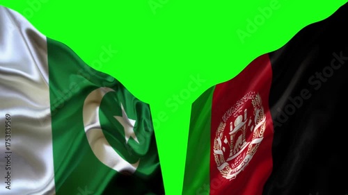4k political, military conflict or war between Pakistan and Afghanistan, flag waving on chroma key. Disaster, nuclear war concept, 3d Afghanistan vs Pakistan Flag wave loop animation on green screen,