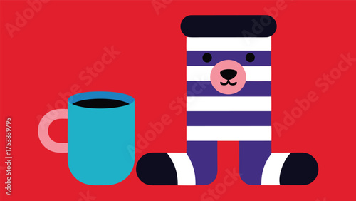 Vector art of a charming bear illustration enjoying a warm cup of coffee, perfect for cozy designs and comforting themes, set against a red background