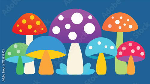 Vector art of a colorful collection of whimsical mushrooms with polka dots, creating a vibrant and playful scene on a dark blue background