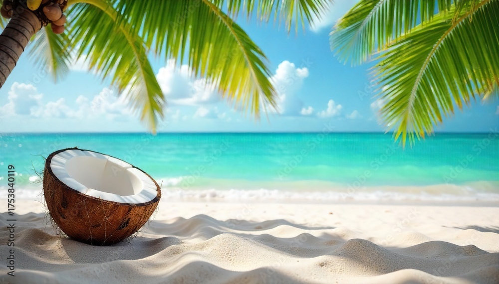 Fototapeta premium Serene Tropical Beach Scene Sun-Drenched Sand, Swaying Palms, Gentle Ocean Waves, Fallen Coconut, Peaceful Solitude