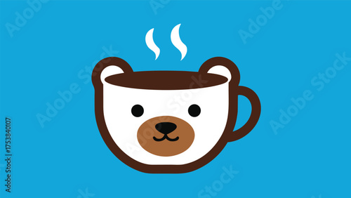 Vector art of a charming bearshaped coffee cup illustration on a bright blue background, perfect for cafe menus and cute design projects