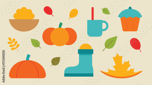Vector art of a delightful autumnthemed vector illustration featuring pumpkins, leaves, and seasonal treats on a neutral background