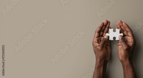 Black hands holding a single white puzzle piece