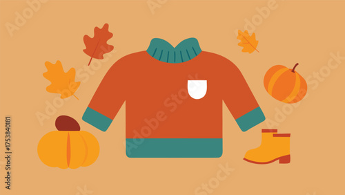 Vector art of autumnal arrangement illustration featuring a sweater, pumpkins, leaves, and boots on a light brown background, perfect for fall season