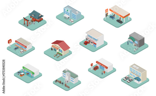 アイソメトリックイラスト：いろんな建物