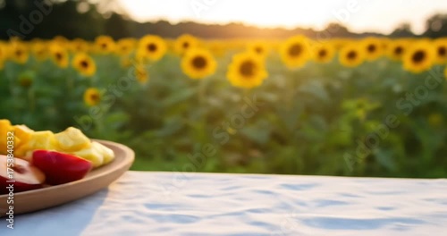 Fresh fruit platter with sunflowers at sunset