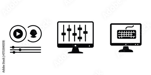 Media player, audio mixer, and keyboard on monitor icons Vector Illustration