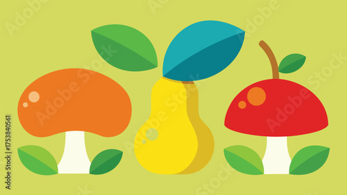 Vector art of a whimsical cartoon illustration featuring mushrooms and pears, perfect for adding a touch of fun to any project
