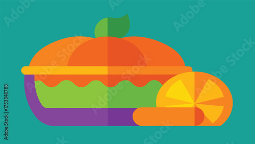 Vector art of pumpkin pie and orange slice, perfect for fall and thanksgiving, a delightful autumn treat on a turquoise background