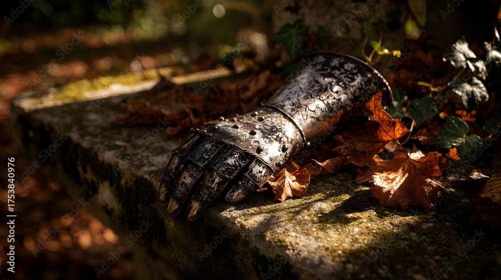 Obraz premium Ornate metal gauntlet rests on mossy stone amidst fallen leaves.
