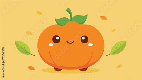 Vector art of cute cartoon pumpkin character with leaves falling around it, a whimsical autumn illustration on a yellow background