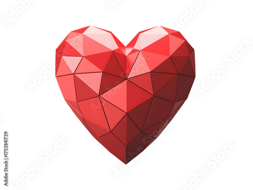 Low poly 3D rendering of a vibrant red geometric heart shape isolated on a transparent background