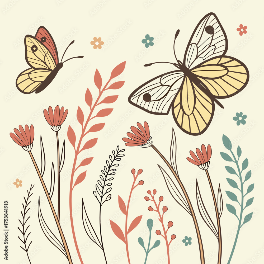 Fototapeta premium Two Butterflies and Wildflowers in a Muted Color Palette