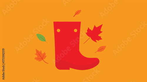 Vector art of a red rubber boot surrounded by autumn leaves, capturing the essence of fall and outdoor adventures on an orange background