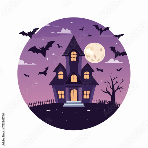 Flat vector Halloween background with haunted house, bats flying, full moon, and dark purple night sky