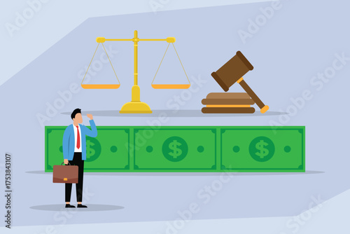 Businessman standing before money, a balance scale, and a judge's gavel, representing financial law, legal disputes, banking regulation, and corporate compliance 2d flat vector illustrations