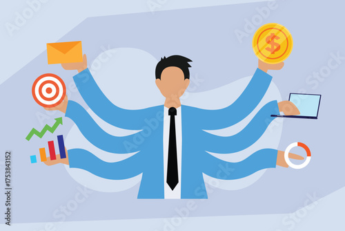 Multitasking businessman with six arms simultaneously managing business tasks, symbolizing high productivity, efficiency, time management, and being overworked 2d flat vector illustrations
