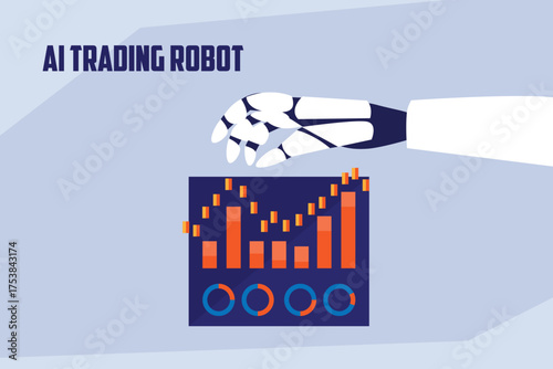 AI Trading Robot arm analyzing a financial candlestick chart and graph, symbolizing automated stock market trading, algorithmic investment, and financial technology 2d flat vector illustrations