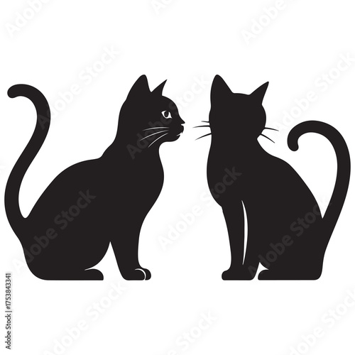 black and white cat illustration sitting on white background