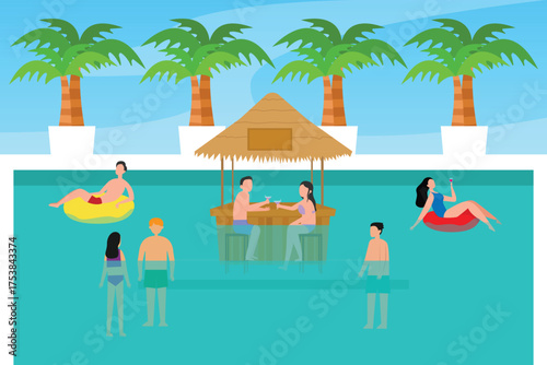 Group of friends and a couple enjoying cocktails at a tropical swim-up bar in a swimming pool surrounded by palm trees 2d flat vector illustrations