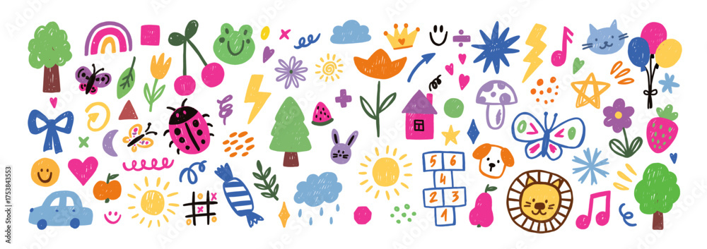 Fototapeta premium Set doodle kids elements with crayon, pastel or chalk texture. Cute car, tree, animal, flower and star. Color vector illustration.