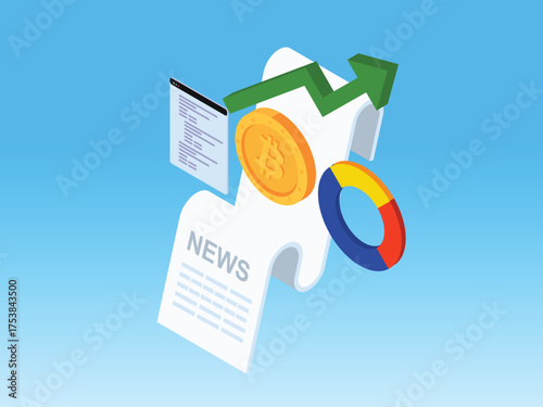 Cryptocurrency Market Growth, Financial News and Data Analysis for Bitcoin Investment Success, Technology, and Business Reporting Concept 3d vector illustration