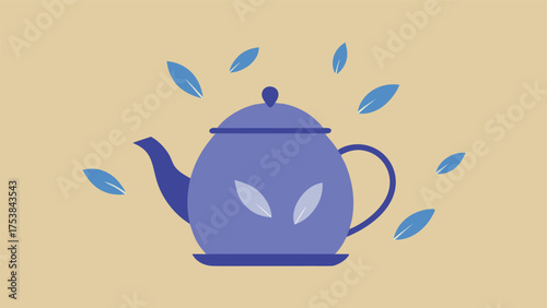 Vector art of a calming vector illustration of a periwinkle teapot surrounded by leaves, creating a peaceful and inviting atmosphere