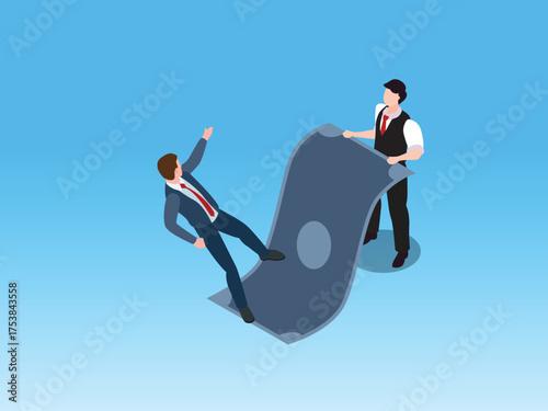 Financial Deception, Scams, and Business Trickery Concept with Man Slipping on a Giant Banknote Rug Pulled by a Con Man 3d vector illustration