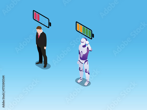Human Burnout and Low Energy Compared to High-Efficiency Robot, AI Superiority in Productivity, and Future of Work Concept 3d vector illustration