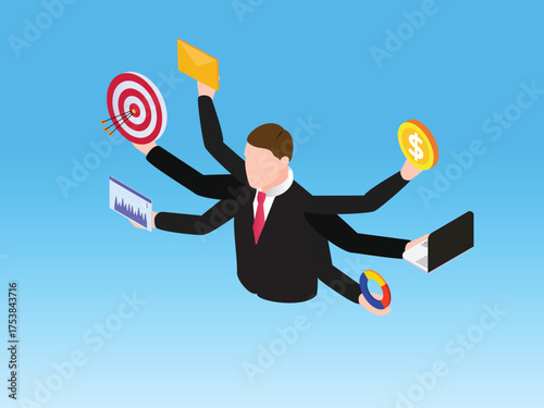 Multitasking Businessman with Multiple Arms Holding Business and Financial Items - Concept of Efficiency, Productivity, and Workload Management 3d vector illustration