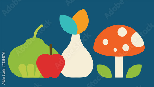 Vector art of a still life of an apple, pear, vase, and mushroom in a flat design style on a blue background, perfect for autumn themes