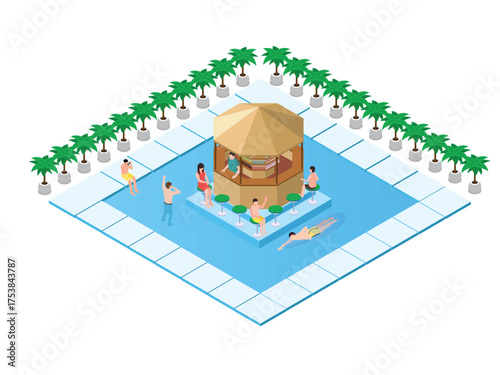 Isometric Poolside Bar with People Relaxing, Drinking, and Swimming - Concept of Summer Vacation, Resort Leisure, and Tropical Getaway 3d vector illustration