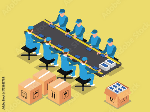Assembly Line Workers Manufacturing and Packaging Electronic Devices in a Factory - Concept of Mass Production and Technology Supply Chain 3d vector illustration