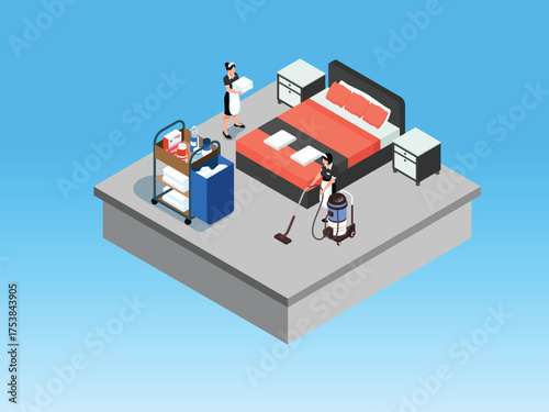 Hotel Housekeeping Staff Cleaning and Making a Bed in a Luxury Room - Concept of Hospitality, Guest Service, and Room Preparation 3d vector illustration