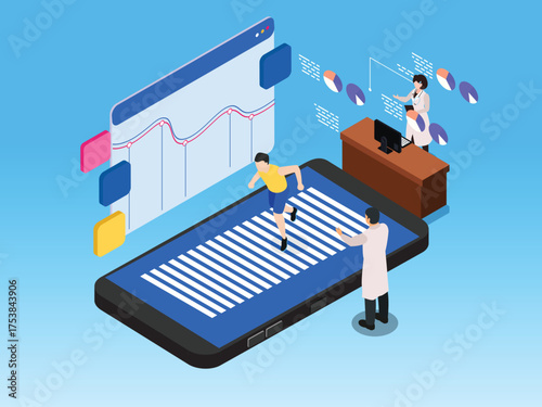 Digital Health and Fitness Tracking App on Smartphone with Running Man and Performance Data Charts - Concept of Telemedicine and Wearable Tech 3d vector illustration