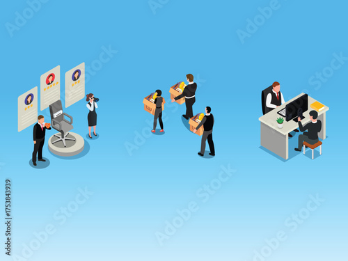 Business Concepts of Employee Evaluation, Layoffs, and New Hiring - HR Management and Workforce Restructuring 3d vector illustration