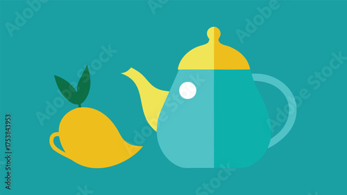 Vector art of teapot and cup with mango fruit and green leaves in a flat design style on a blue background for tea time concept