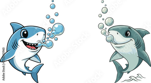 Cute cartoon sharks blowing bubbles underwater, smiling ocean animals, playful sea creatures illustration, marine wildlife character art, white background vector