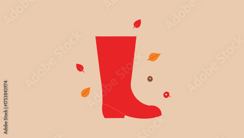 Vector art of red rubber boot with autumn leaves falling around it, symbolizing fall season and rainy weather on a beige background